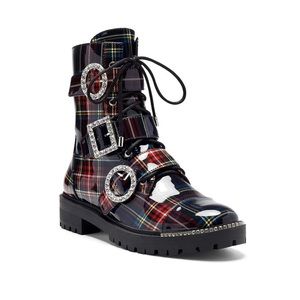 Jessica Simpson Plaid Combat Boots - Red, Black, White